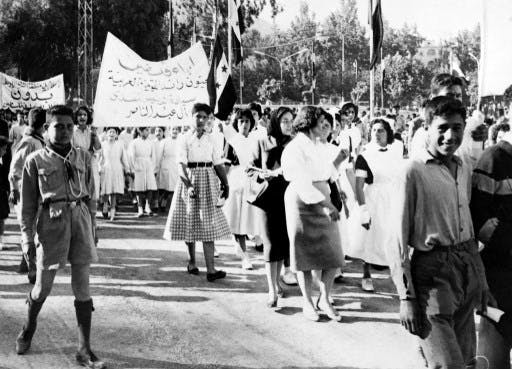 تصویر تاریخی خبرگزاری فرانسه در ۱۵ مه ۱۹۶۰ میلادی از شهر دمشق، پایتخت سوریه، تظاهرات روز نکبت را نشان می‌دهد.