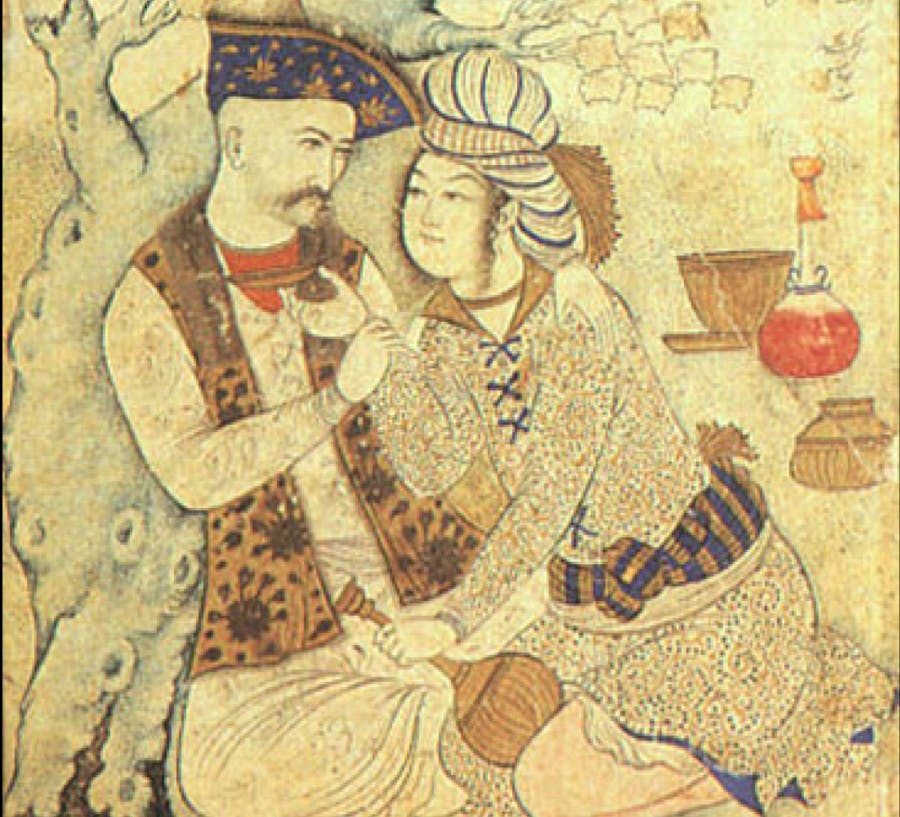 نقاشی شاه عباس صفوی، از نام‌آورترین پادشاهان کوییر ایران در کنار محبوب و شراب متعلق به ۱۶۲۷ میلادی