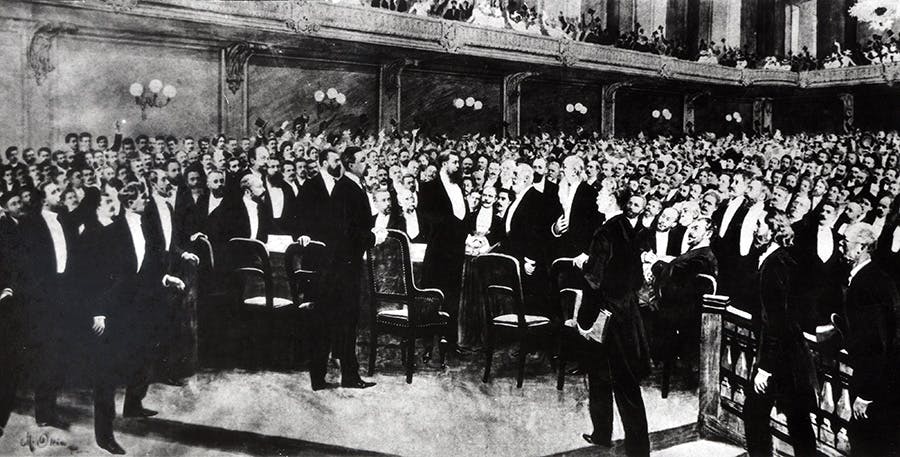 Theodor Herzl während des ersten Zionistenkongresses in Basel im Jahr 1897 تئودور هرتسل در نخستین کنگره صهیونیستی در شهر بال (سوئیس) در سال ۱۸۹۷