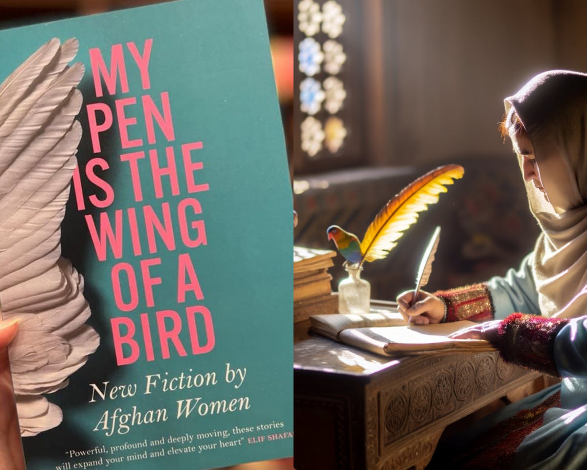 تصویر ترکیبی از جلد کتاب «قلم من بال پرنده است» در کنار تصویر زنی که در حال نوشتن با یک قلم پر است.