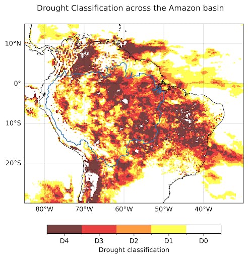 تصویر از موسسه کیفیت آب‌وهوایی جهانی، وضعیت خشکسالی در محدوده جنگل‌های آمازون را نشان می‌دهد