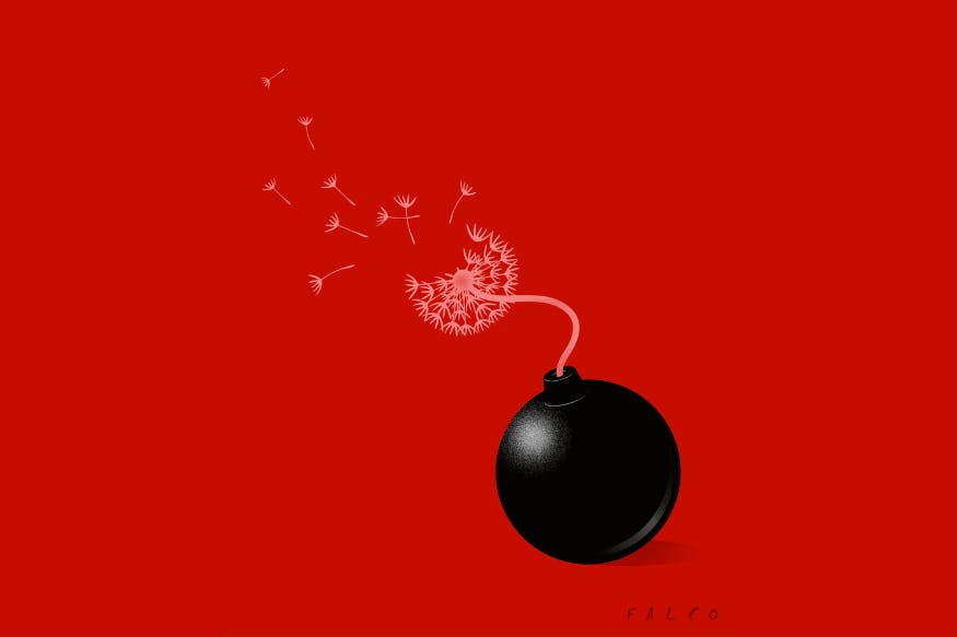 در یک صفحه قرمز یک بمب مشکی قرار دارد که فتیله آن به شکل یک گل قاصدک است که در حال پر پر شدن است