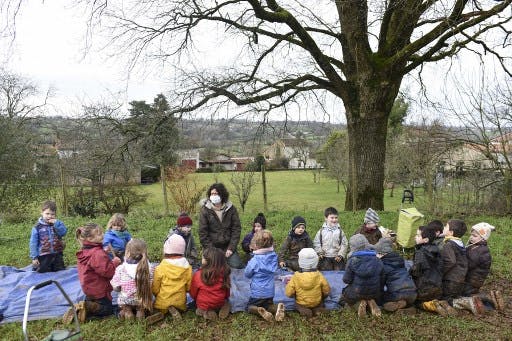 تصویری چندین دانش‌آموز در فرانسه با معلماشان در طبیعت. یک درخت هم دیده می شود