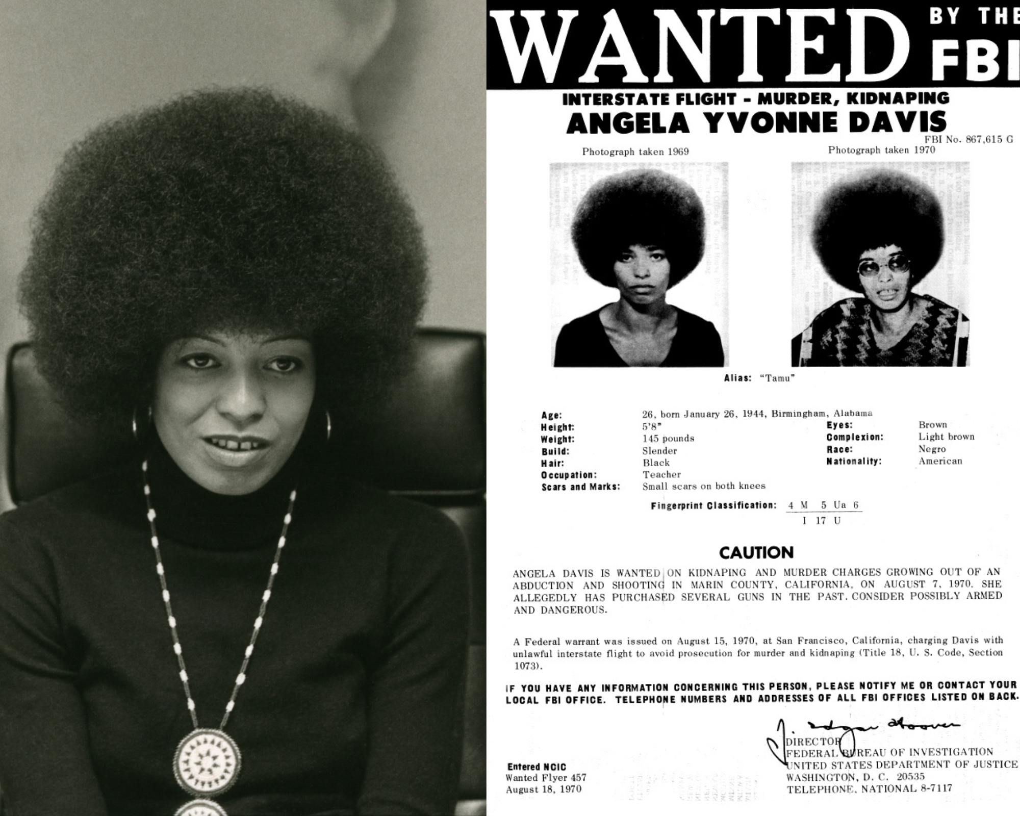 تصویری از جوانی آنجلا دیویس در کنار پوستر پلیس فدرال آمریکا که او را تحت‌ تعقیب معرفی می‌کرد و خواستار هر اطلاعاتی بود که به دستگیری او منجر شود. این پوستر در جنبش آزادی دیویس به‌عنوان یک زندانی سیاسی نقش موثری بازی کرد و نماد این جنبش شد.