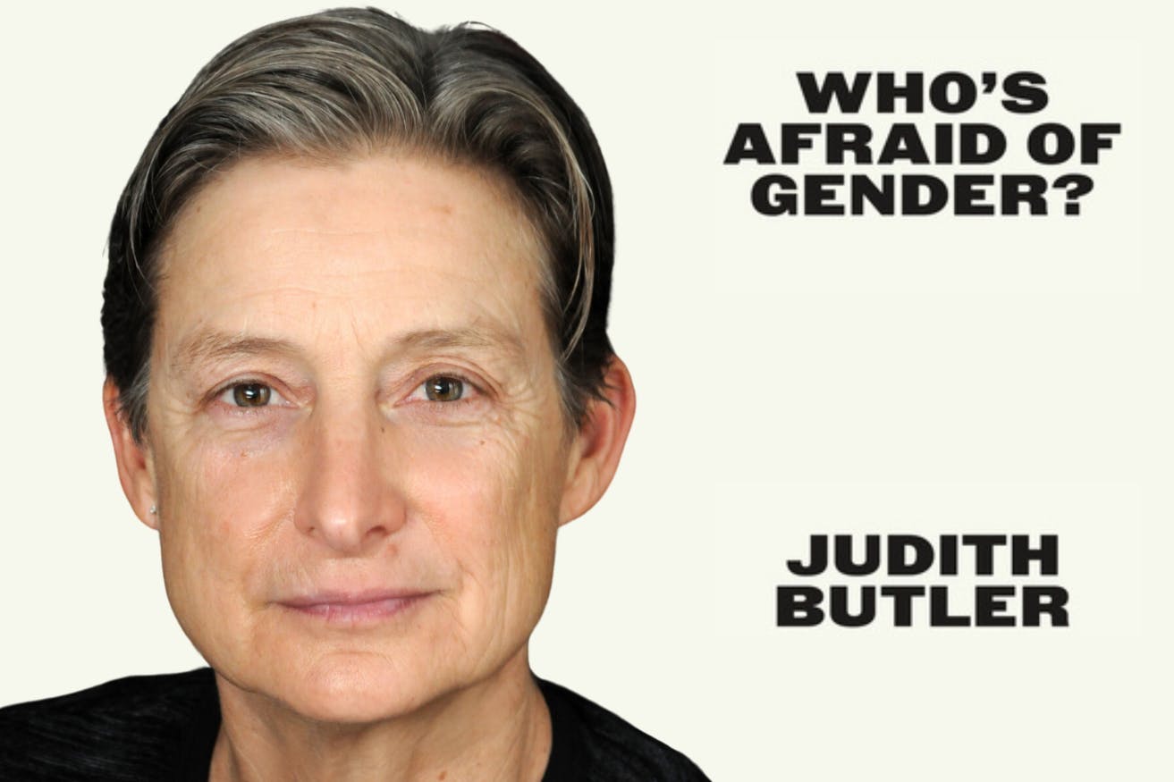 تصویر جودیت باتلر از ویکی‌پدیا و بخشی از طرح جلد کتاب «چه کسی از جنسیت می‌ترسد؟»