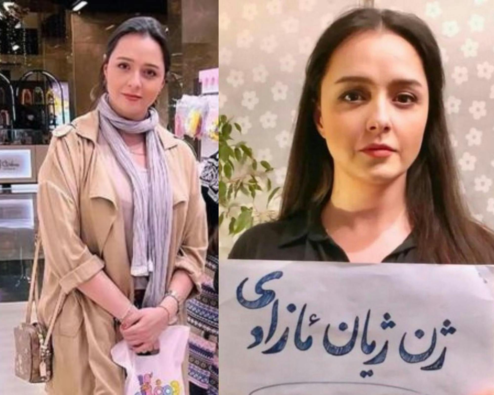 دو تصویر از ترانه علیدوستی از شبکه‌های اجتماعی که در یکی از آنها به زبان کردی اعلانی در دست دارد که بر رویش نوشته شده است: زن، زندگی، آزادی