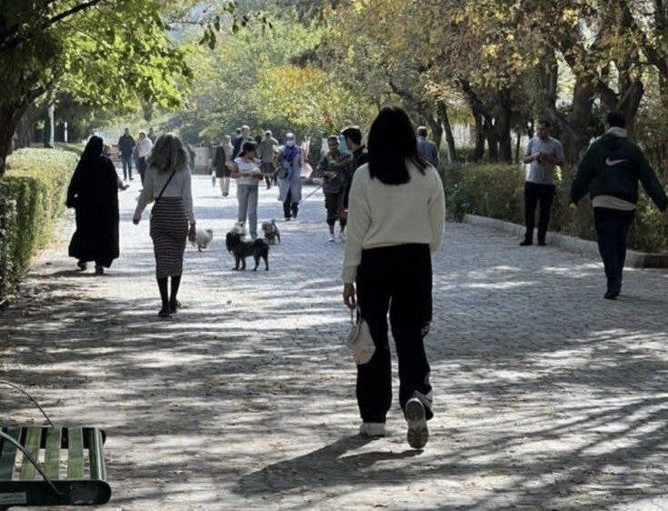 زنی بدون حجاب اجباری در پارک قدم می‌زند