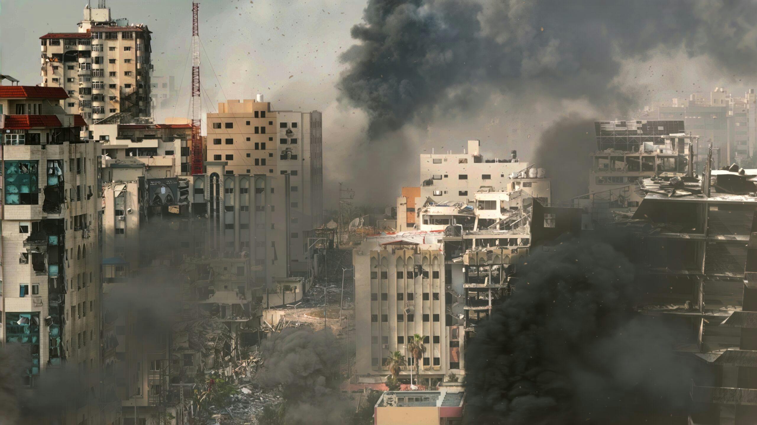 محله ریمال ویران شده در جنگ، غزه، نمای هوایی، نمای هواپیماهای بدون سرنشین بر فراز ساختمان‌های غزه شمالی