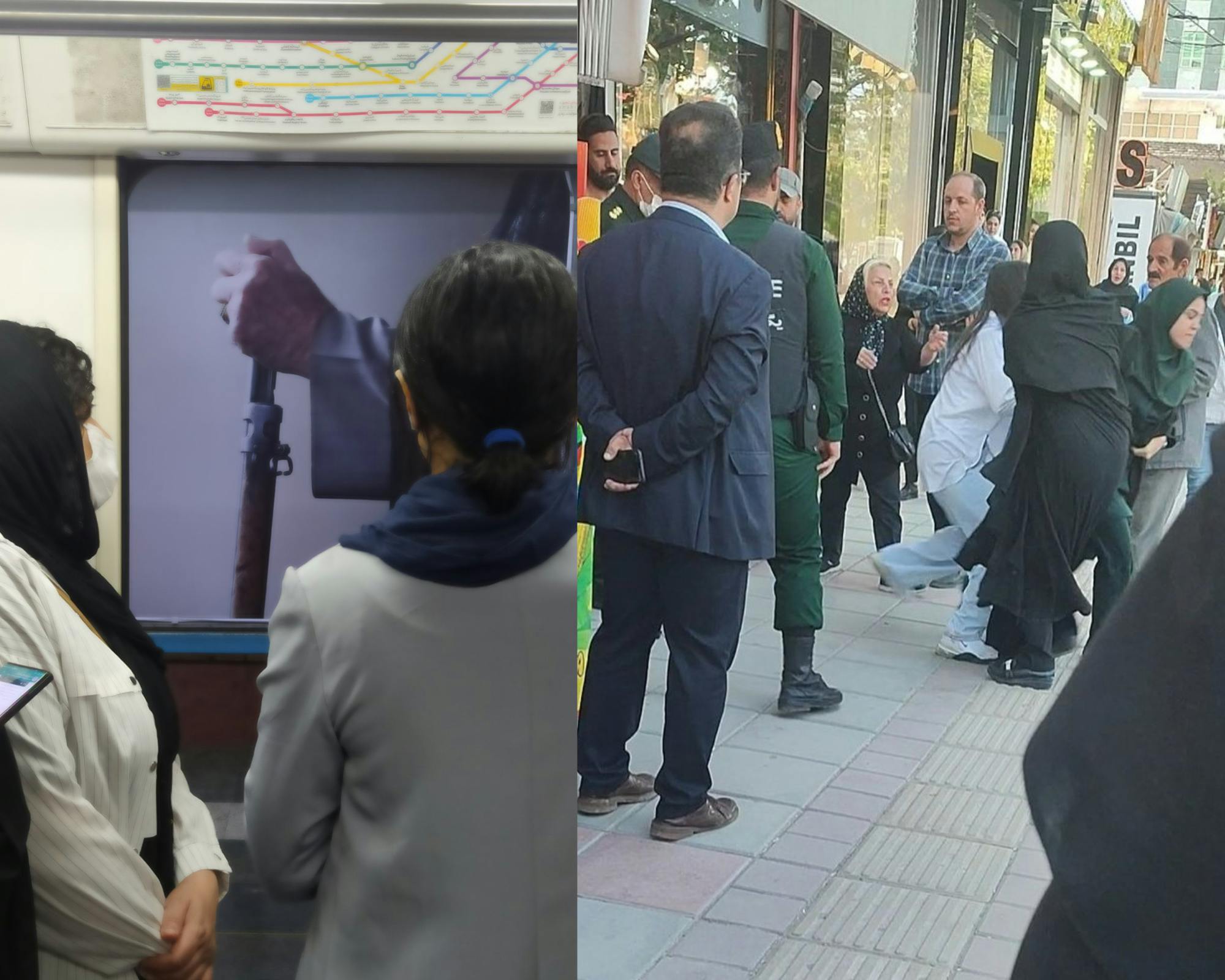 دو تصویر از شبکه‌های اجتماعی. در سمت چپ دو زن رها از اجبار به حجاب در ایستگاه مترو خیره به دست یک روحانی هستند که اسلحه به مشت گرفته است. در سمت راست تصویر گروهی از مردان و زنان که نیروهای امنیتی هستند، زنی را با خشونت می‌برند در حالی که همراهان آن زن در تلاش برای رهایی او تقلا می‌کنند.