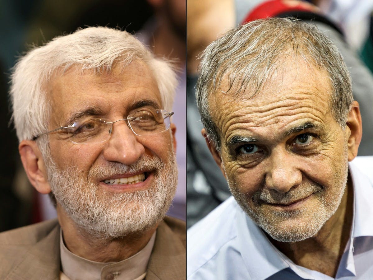 عکس ترکیبی: سمت راست مسعود پزشکیان و سمت چپ سعید جلیلی - هر دو لبخند زده‌اند