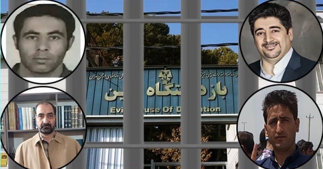 تصویری ترکیبی از ورودی زندان اوین و چهره حسین پیری، عبدالعزیز عظیمی قدیم و طاهر نقوی، آیاز سیف خواه