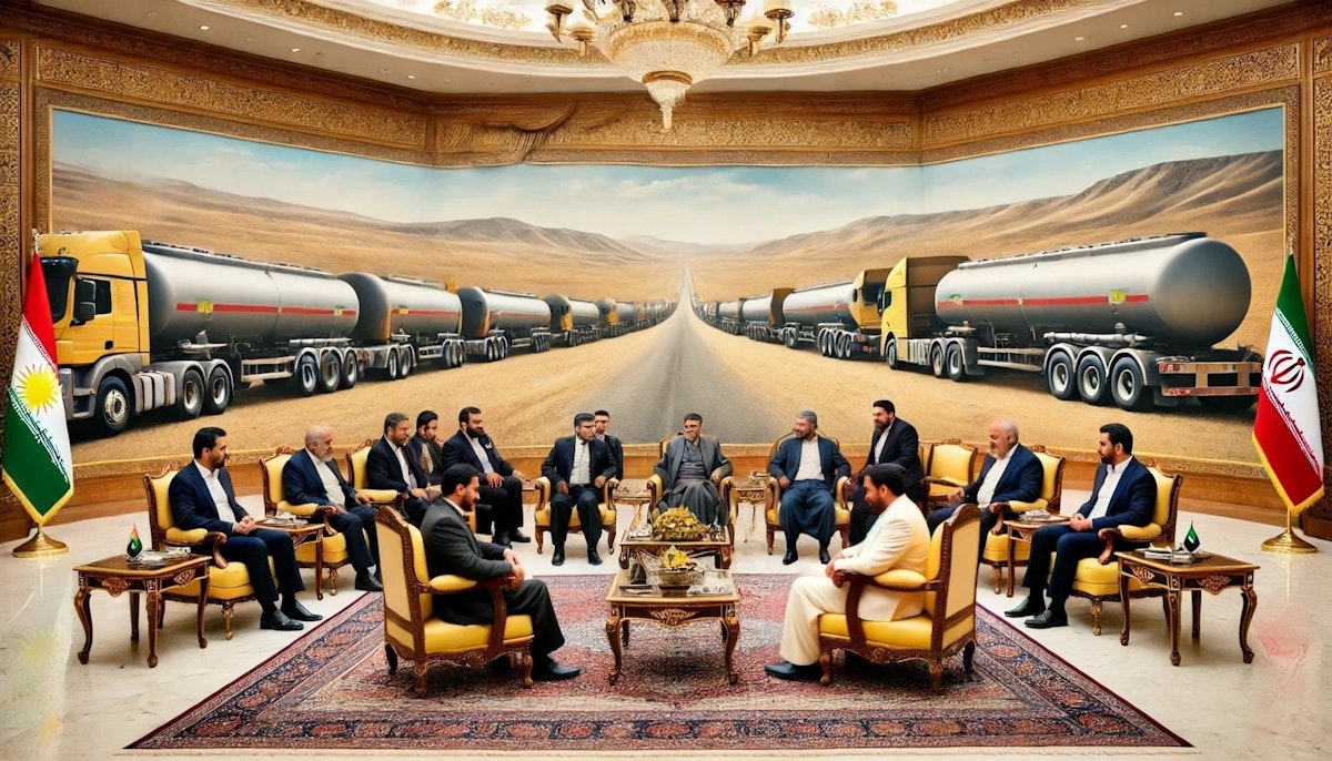 تصویری از یک مذاکره فرضی میان اقلیم کردستان و جمهوری اسلامی- در پس‌زمینه تانکرهای حمل نفت دیده می‌شوند